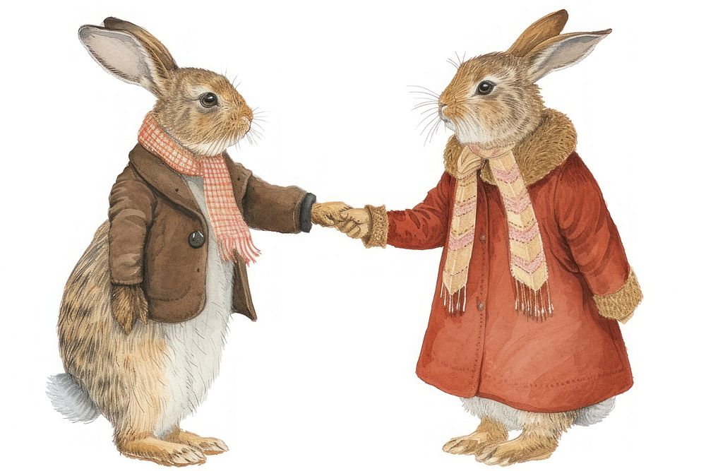 Two rabbits shaking hands watercolor animal mammal togetherness.