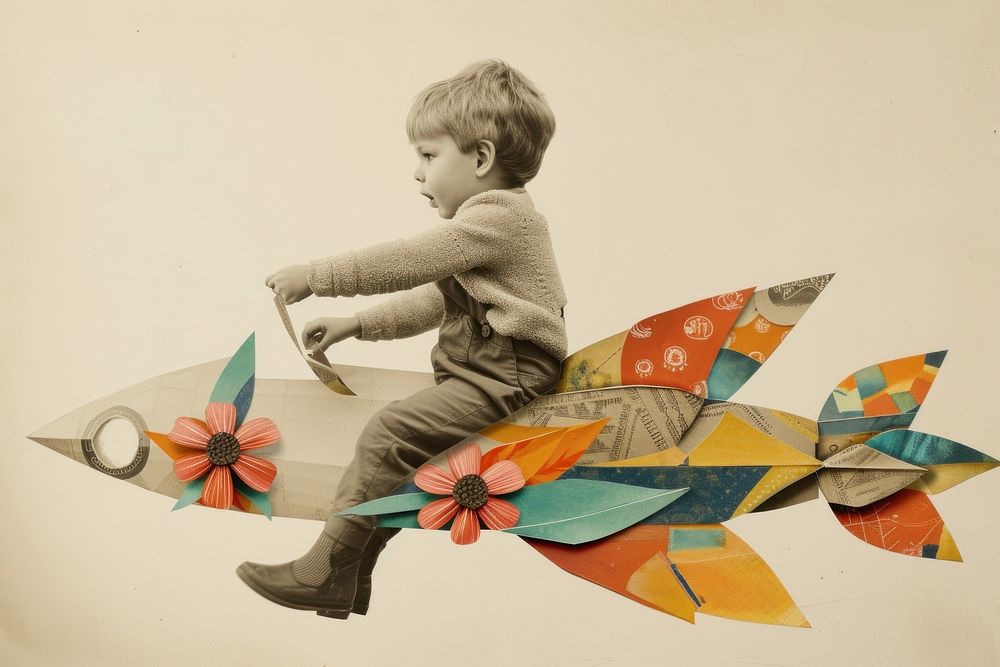 Paper collage of a kid art drawing sketch.