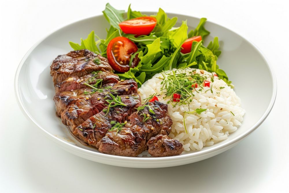 Steak with rice salad meat food.