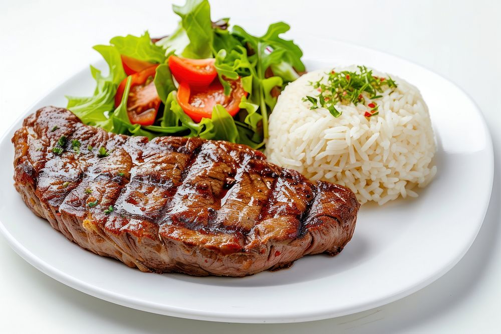 Steak with rice salad plate meat.