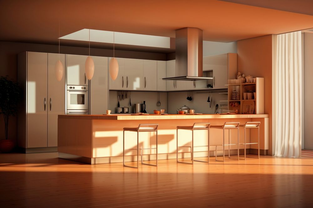 Modern kitchen interior furniture flooring refrigerator.