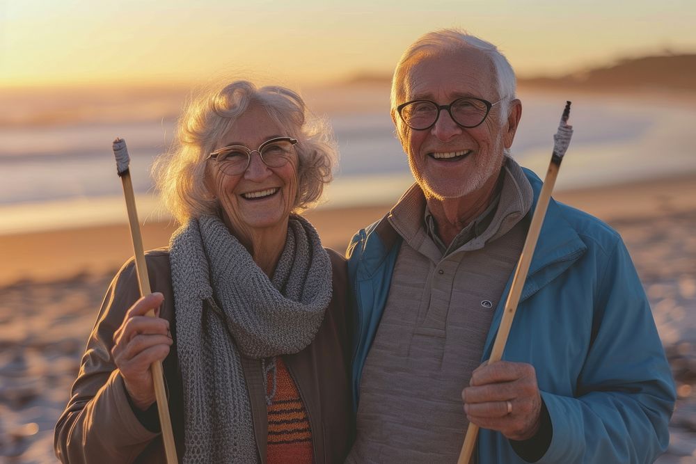 Senior couple portrait outdoors glasses.