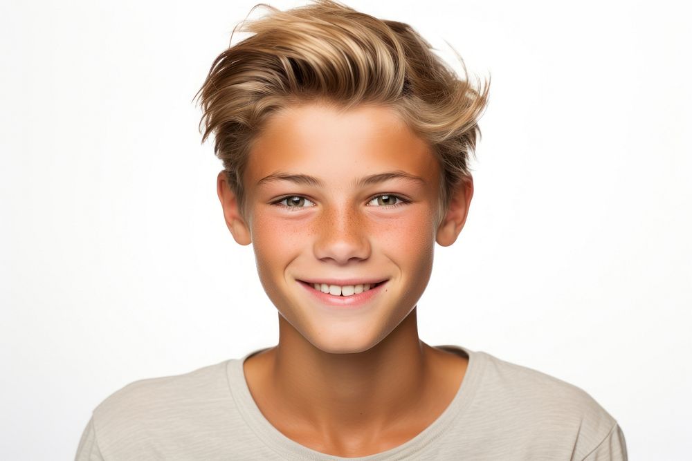 Young teenager boy smiling portrait adult smile.
