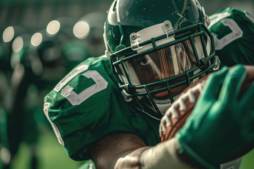 An American football player do touchdown helmet sports green.