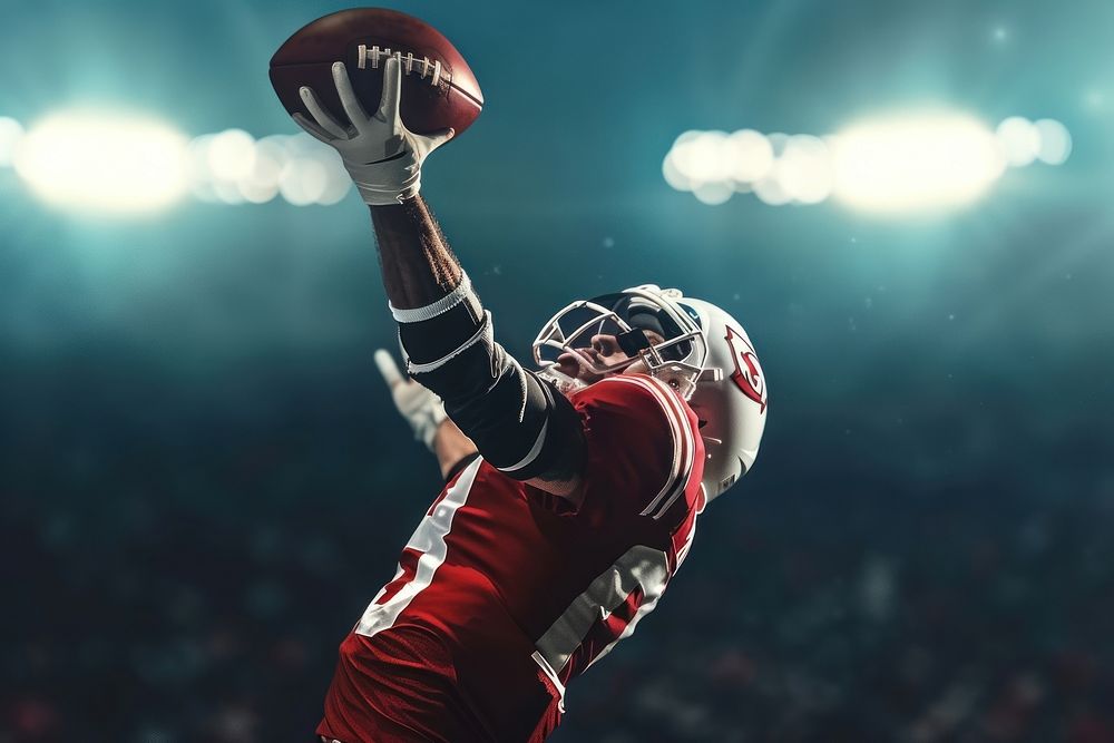 An American football player do touchdown under stadium spotlight helmet sports american football player.