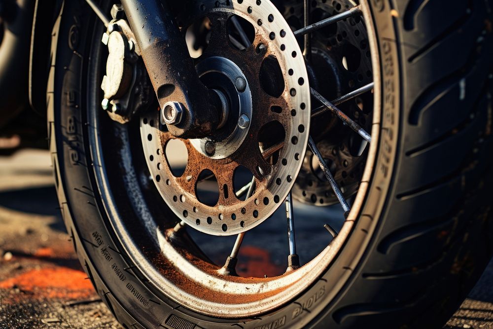 Motorcycle wheel outdoors vehicle spoke.