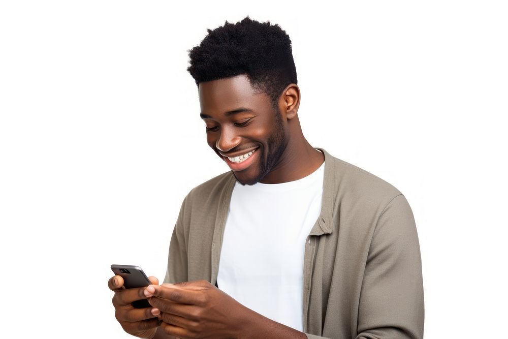 Smiling looking at his phone adult man white background.
