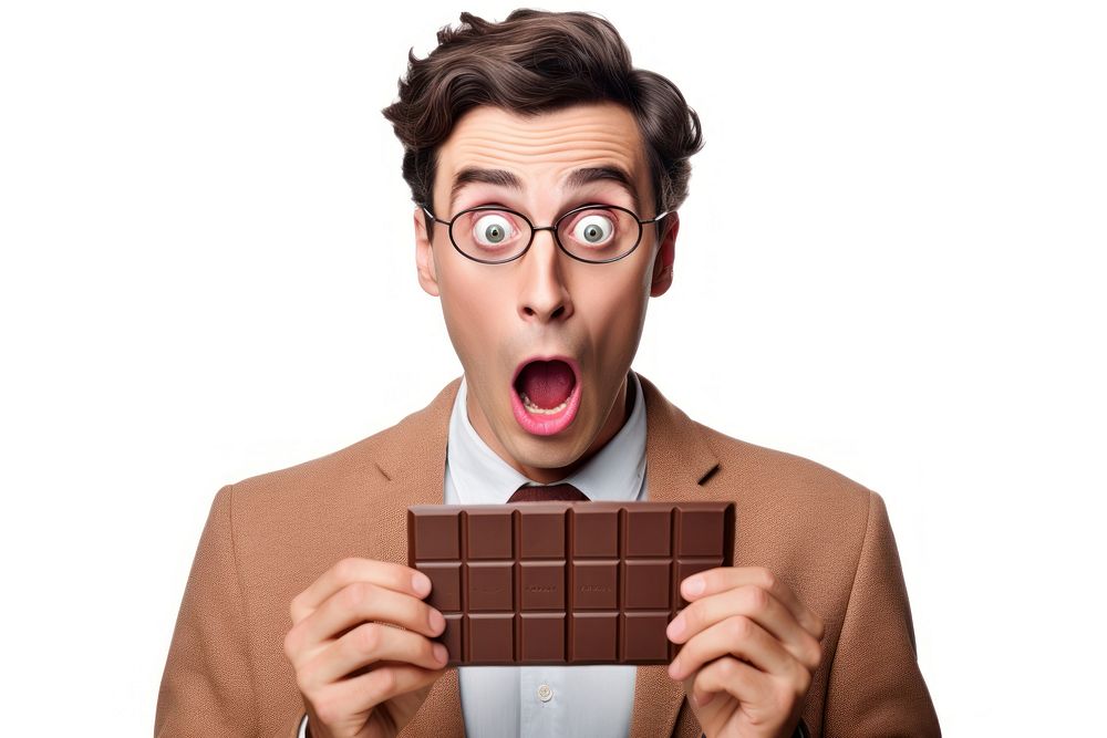 Holding chocolate with shocked face white background overworked technology.