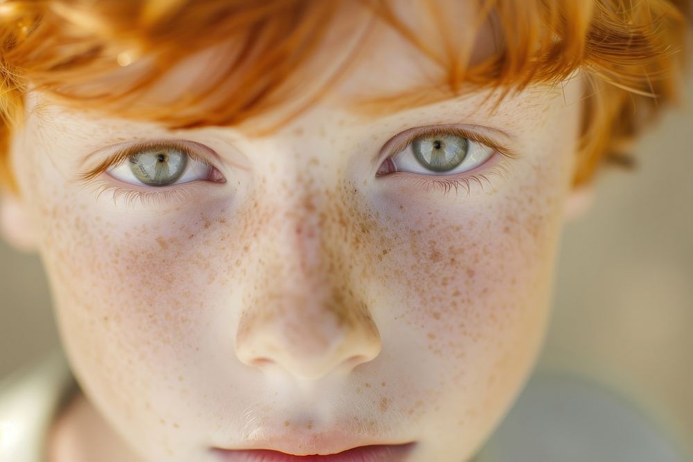 Red haired boy with freckles portrait hairstyle forehead.