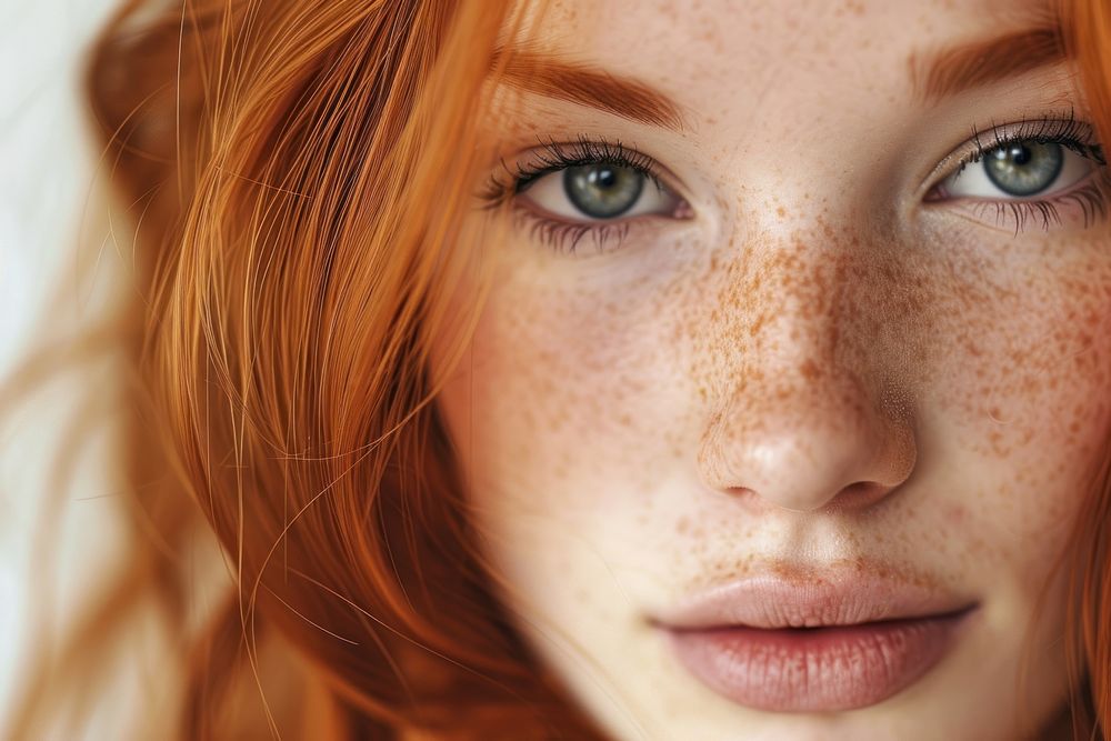 Red haired girl with freckles portrait skin perfection.