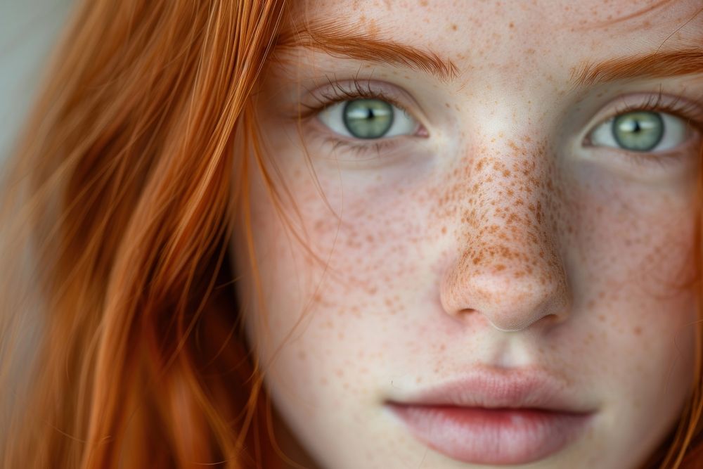 Red haired girl with freckles portrait skin hairstyle.