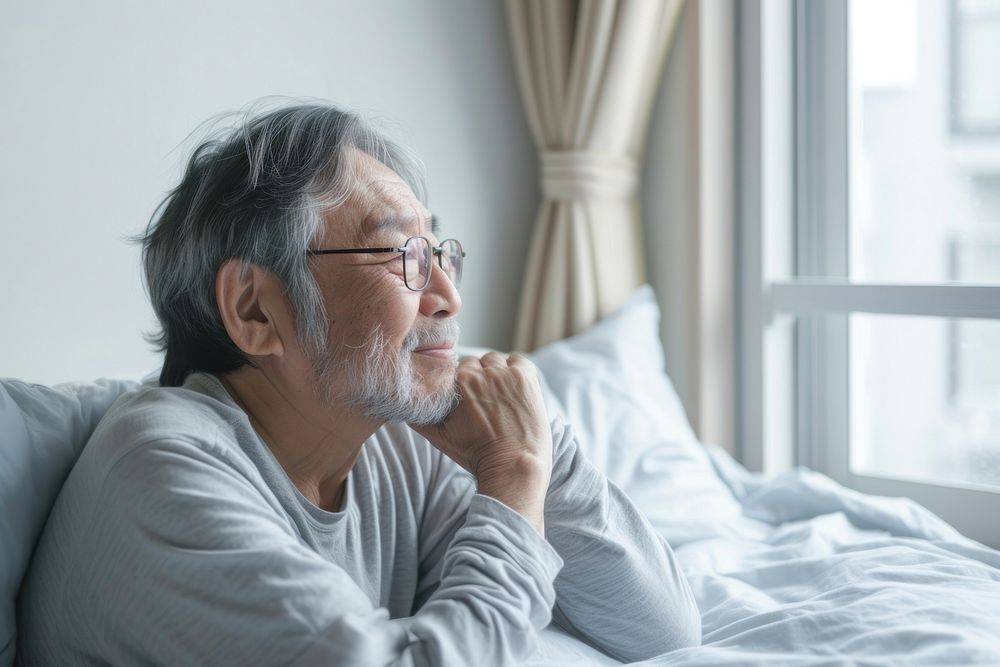 Old man thinking worried bedroom adult.