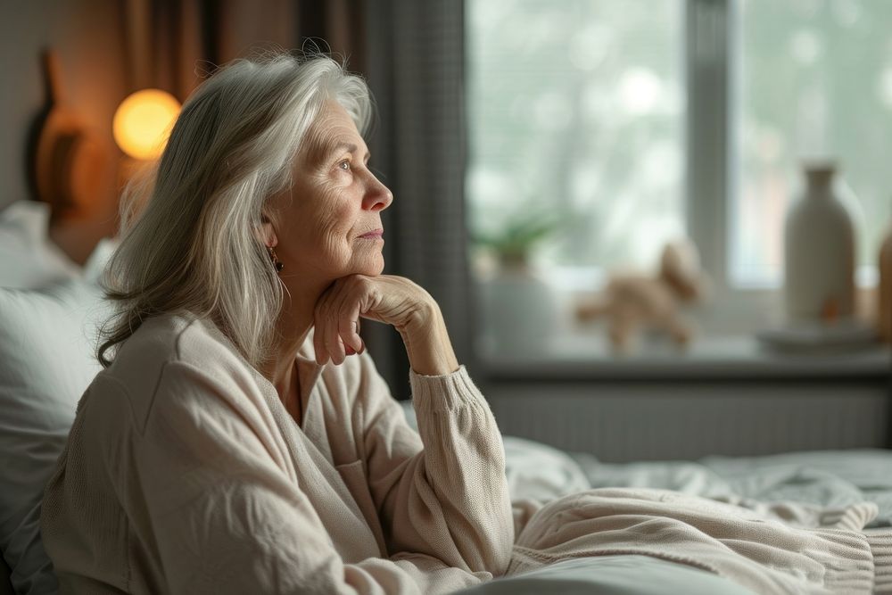 Old woman thinking bedroom adult contemplation.