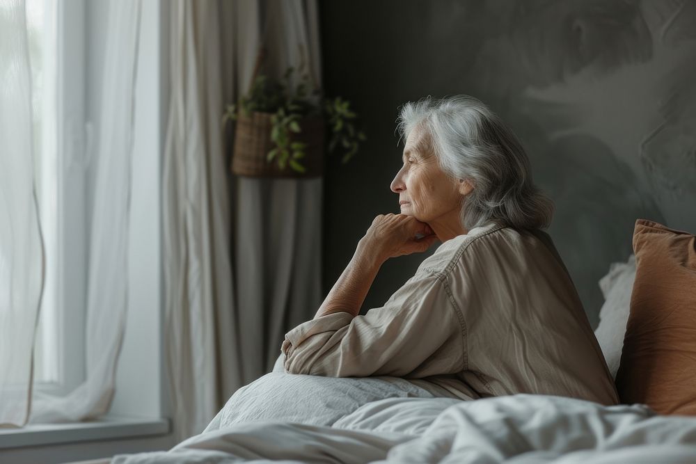 Old woman thinking bedroom adult contemplation.