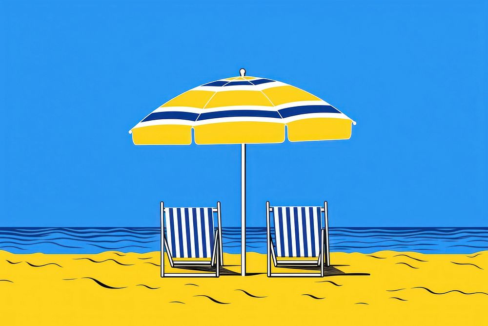 Yellow and blue of beach umbrella outdoors summer.