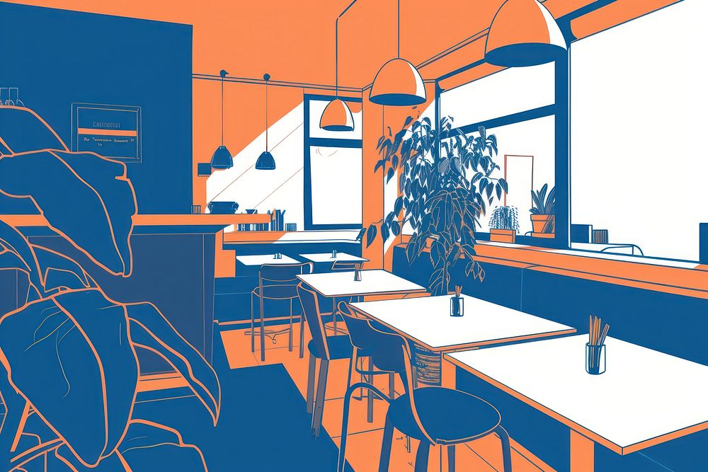 Orange and blue restaurant architecture cafeteria furniture.