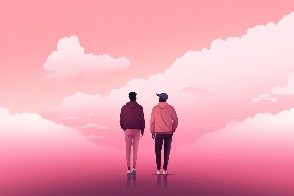 Gay couple gradient background standing pink togetherness.