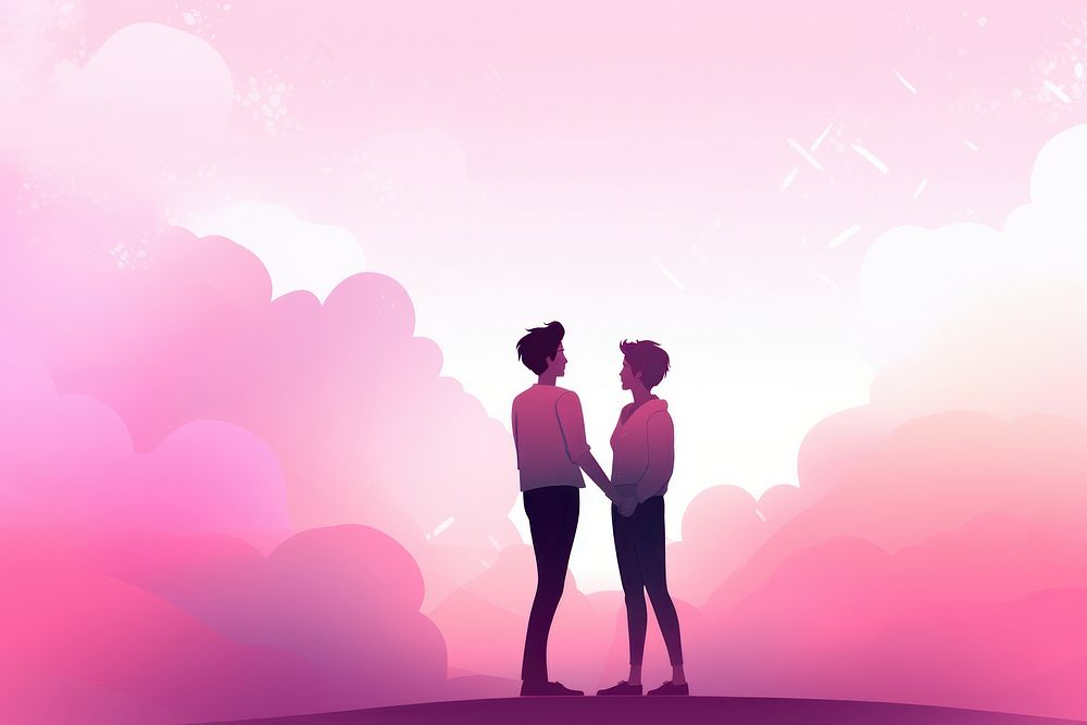 Gay couple gradient background romantic pink togetherness.