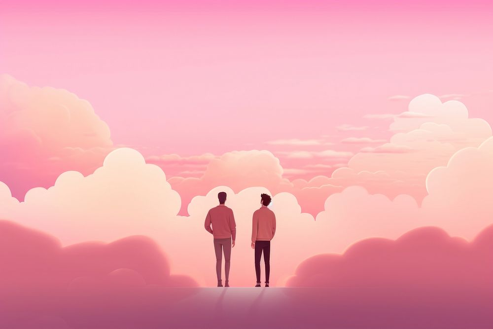 Gay couple gradient background standing outdoors nature.
