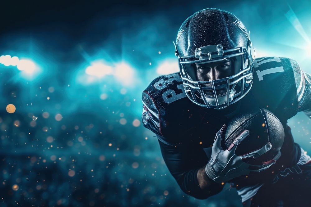 An American football player do touchdown under stadium spotlight helmet sports adult.