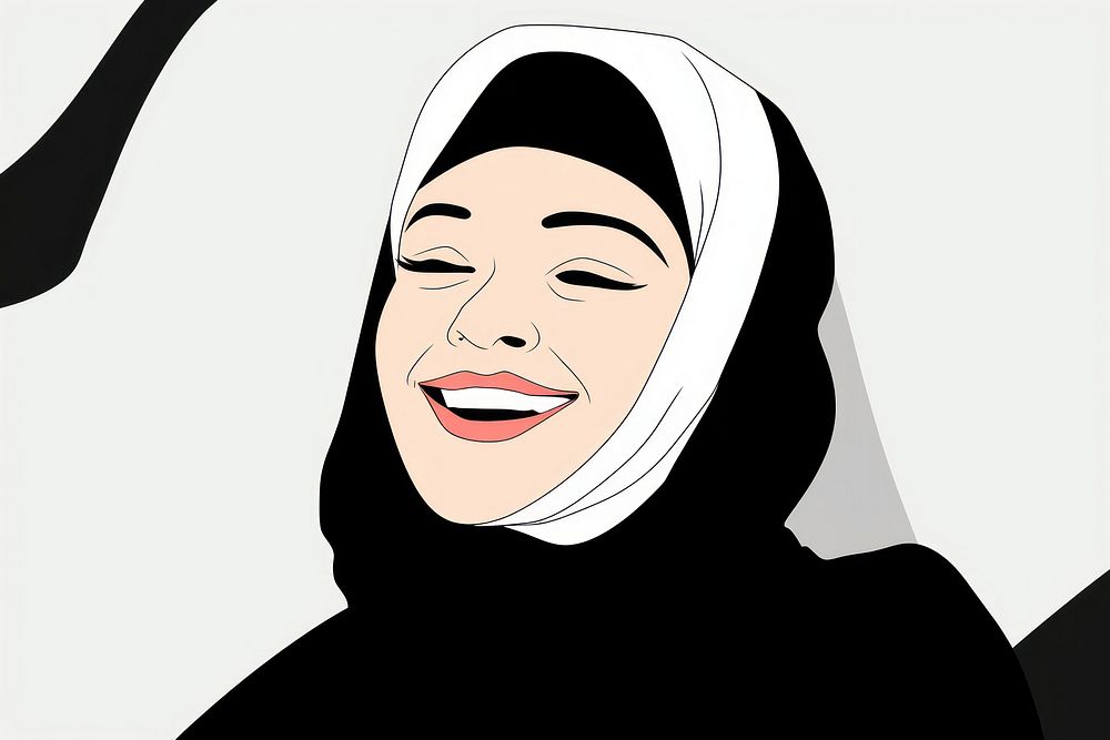 Muslim woman wearing hijab smiling drawing cartoon.