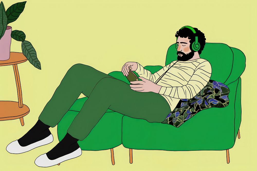 Man with headphone sit on a couch furniture armchair cartoon.