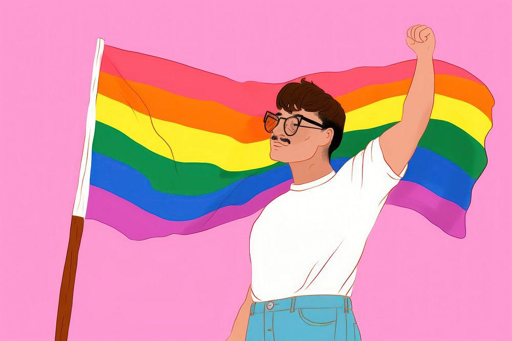 Man holding pride month flag glasses cartoon accessories.