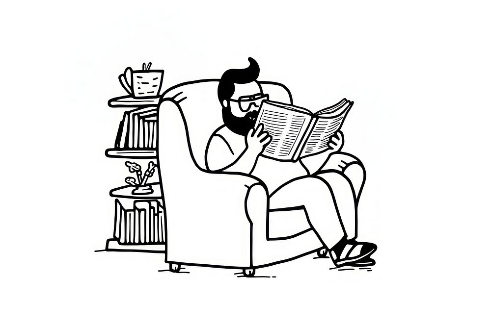 Man reading a book drawing furniture armchair.