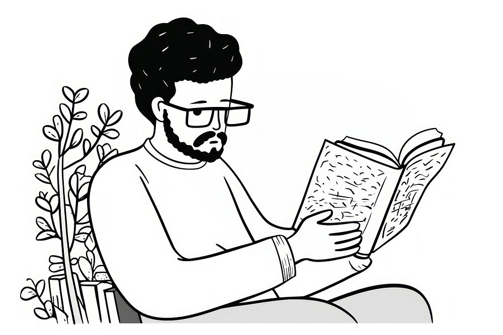 Man reading a book drawing glasses cartoon.