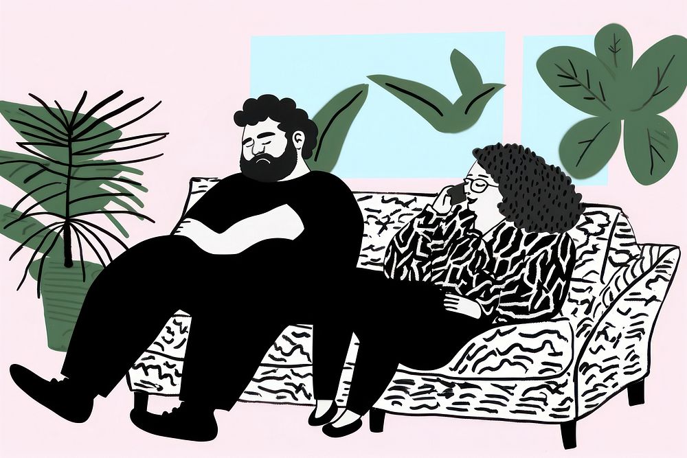 A couple sitting on a couch furniture drawing cartoon.