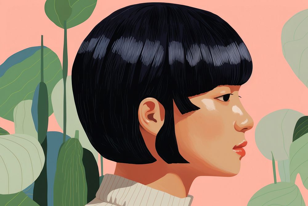 Asian woman with bob hair looking on the left side cartoon adult hairstyle.