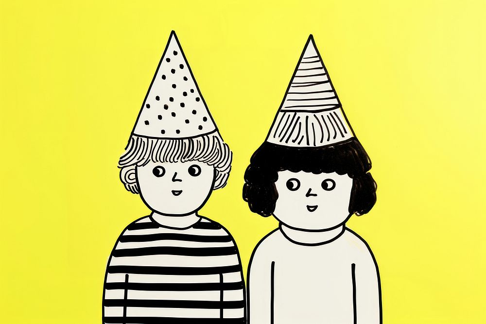 Boy and girl wearing party hat drawing cartoon sketch.