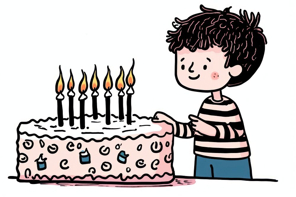 Boy holding birthday cake dessert drawing cartoon.