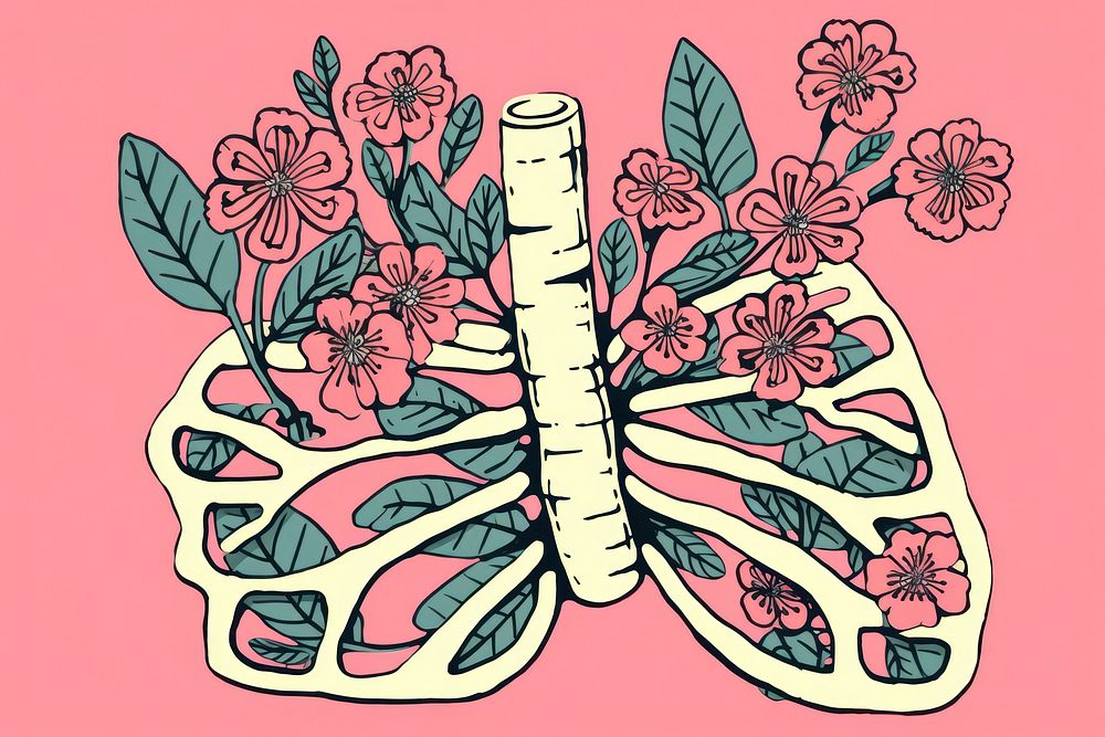 Lung with flower drawing cartoon sketch.