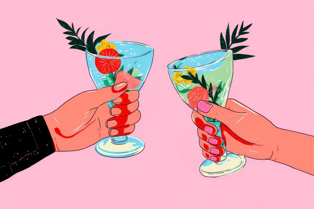 Two hands holding cocktail cartoon fruit drink.