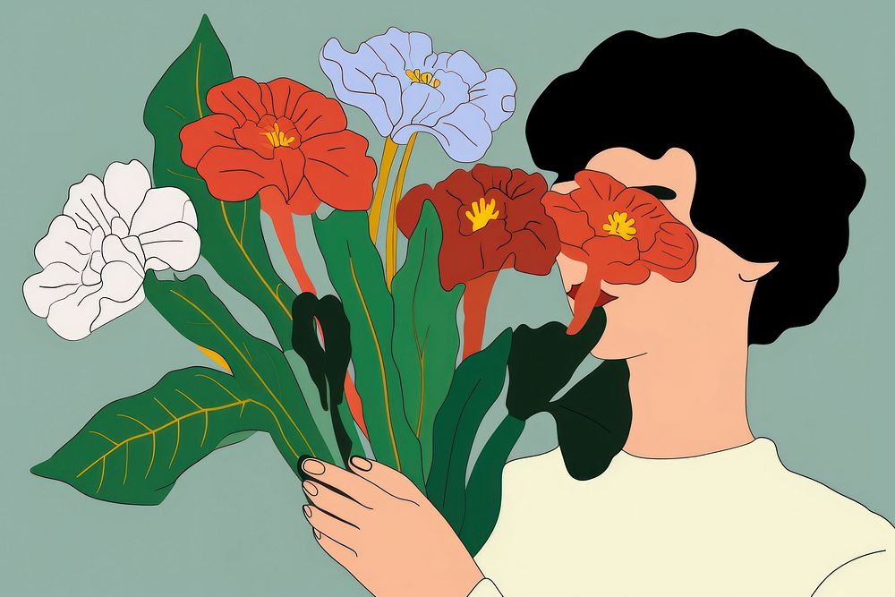 Woman holding flowers cartoon drawing plant.