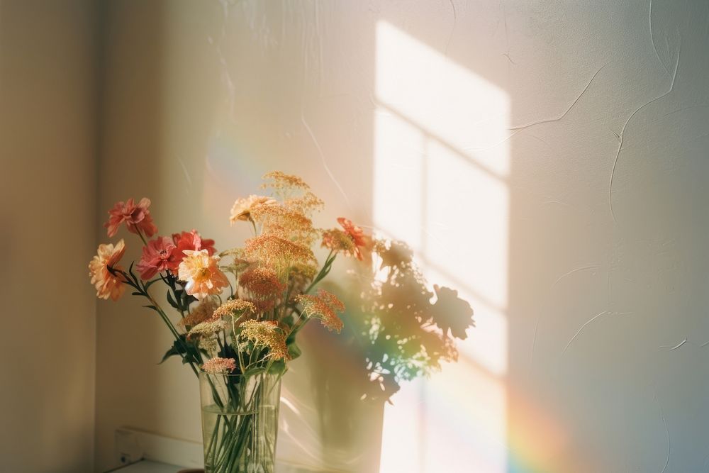 Reflection on the wall as a rainbow windowsill flower light.