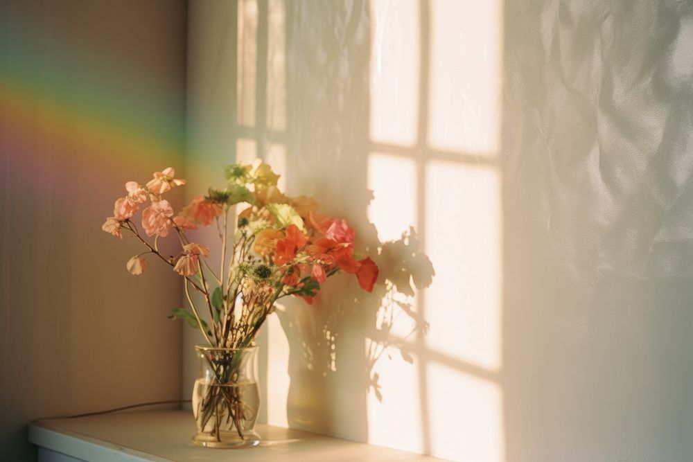 Reflection on the wall as a rainbow windowsill flower light.
