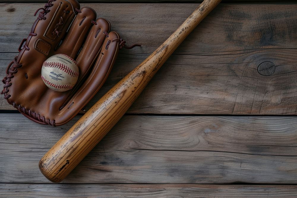 Baseball bat with glove and ball sports wood softball.