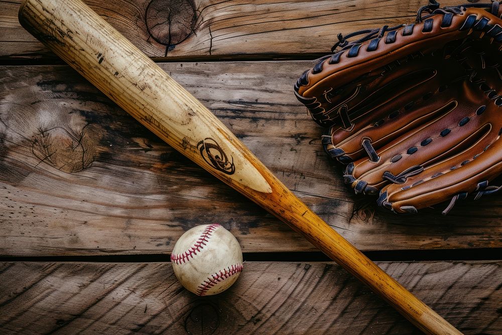 Baseball bat with glove and ball sports wood softball.