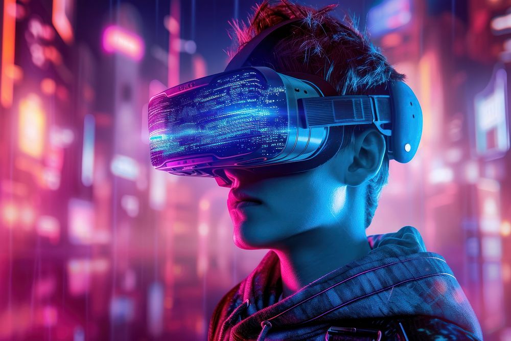 A boy wearing a pair of VR glasses illuminated technology futuristic.