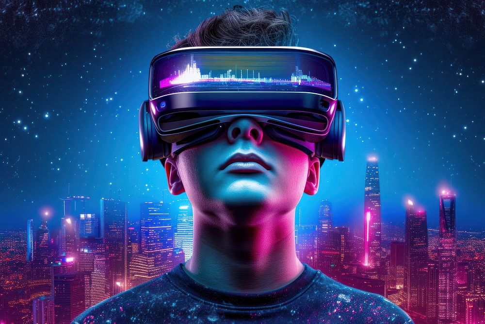 A boy wearing a pair of VR glasses portrait adult night.