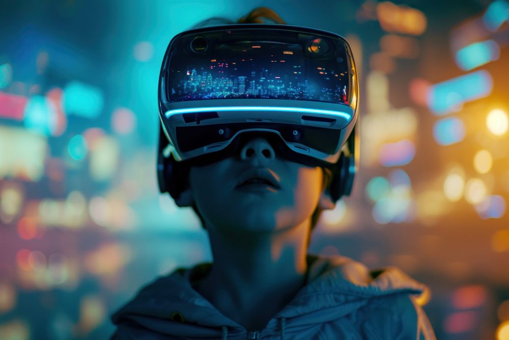 A boy wearing a pair of VR glasses light photo city.