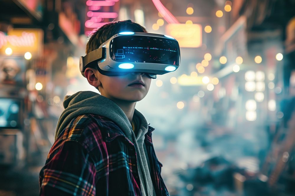 A boy wearing a pair of VR glasses portrait photo city.