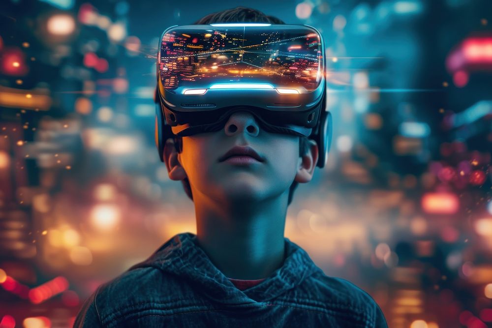 A boy wearing a pair of VR glasses portrait adult photo.