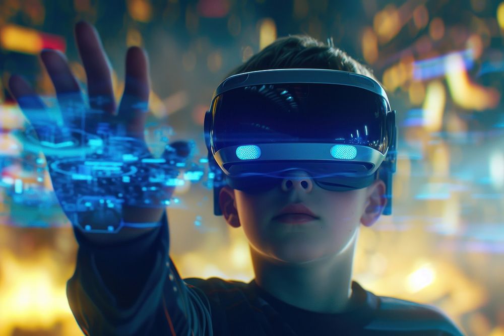 A boy wearing a pair of VR glasses illuminated accessories technology.