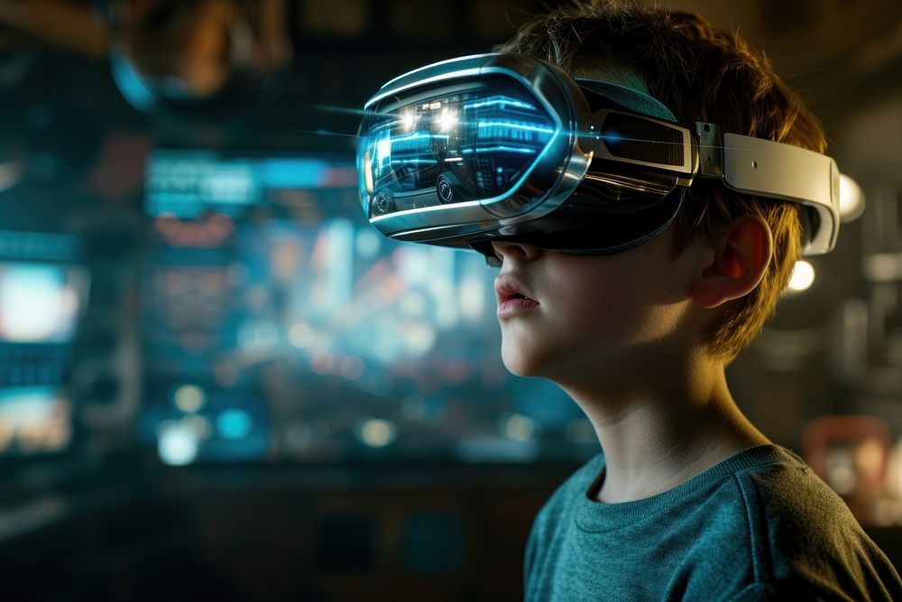 A boy wearing a pair of VR glasses photo accessories photography.