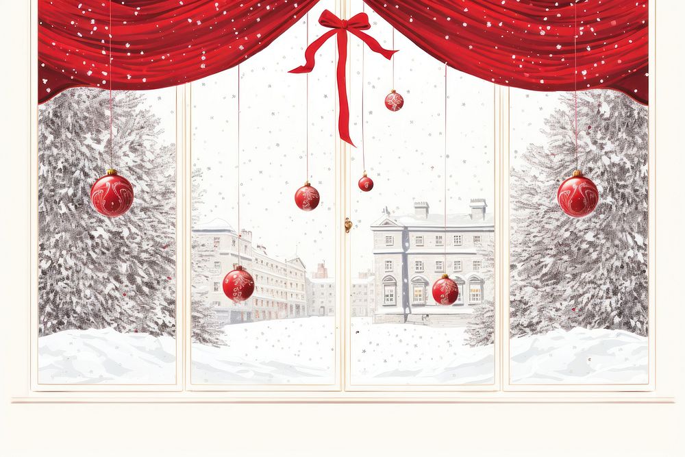 Litograph minimal window with a christmas decorative stuff winter snow architecture.
