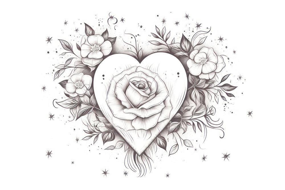 Illustration of heart and rose drawing sketch white.