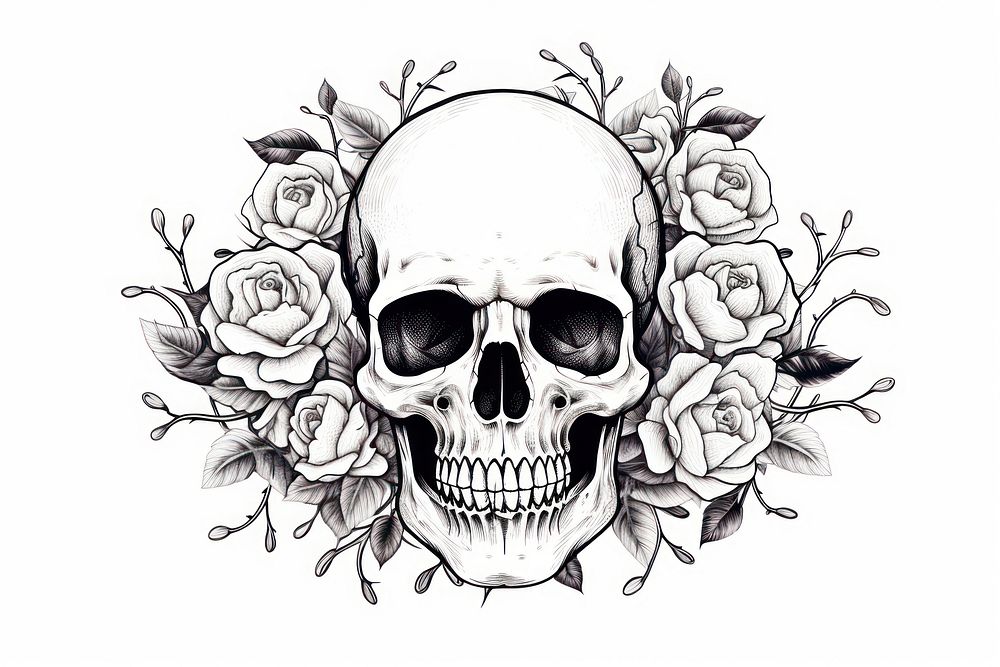 Illustration of skull with roses drawing sketch illustrated.